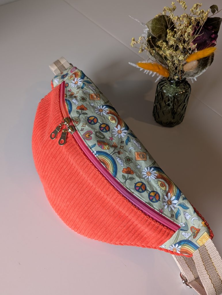 Sac Banane Velours Côtelé Orange Corail & Coton "Good Vibes"