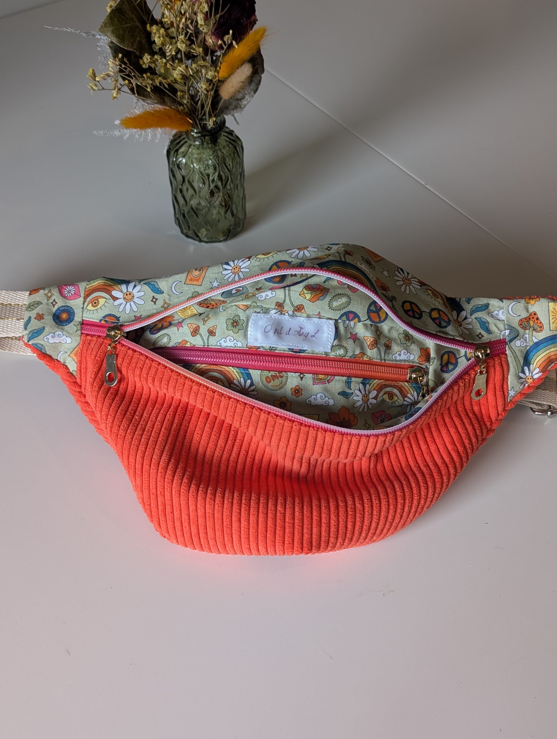 Sac Banane Velours Côtelé Orange Corail & Coton "Good Vibes" – Image 2