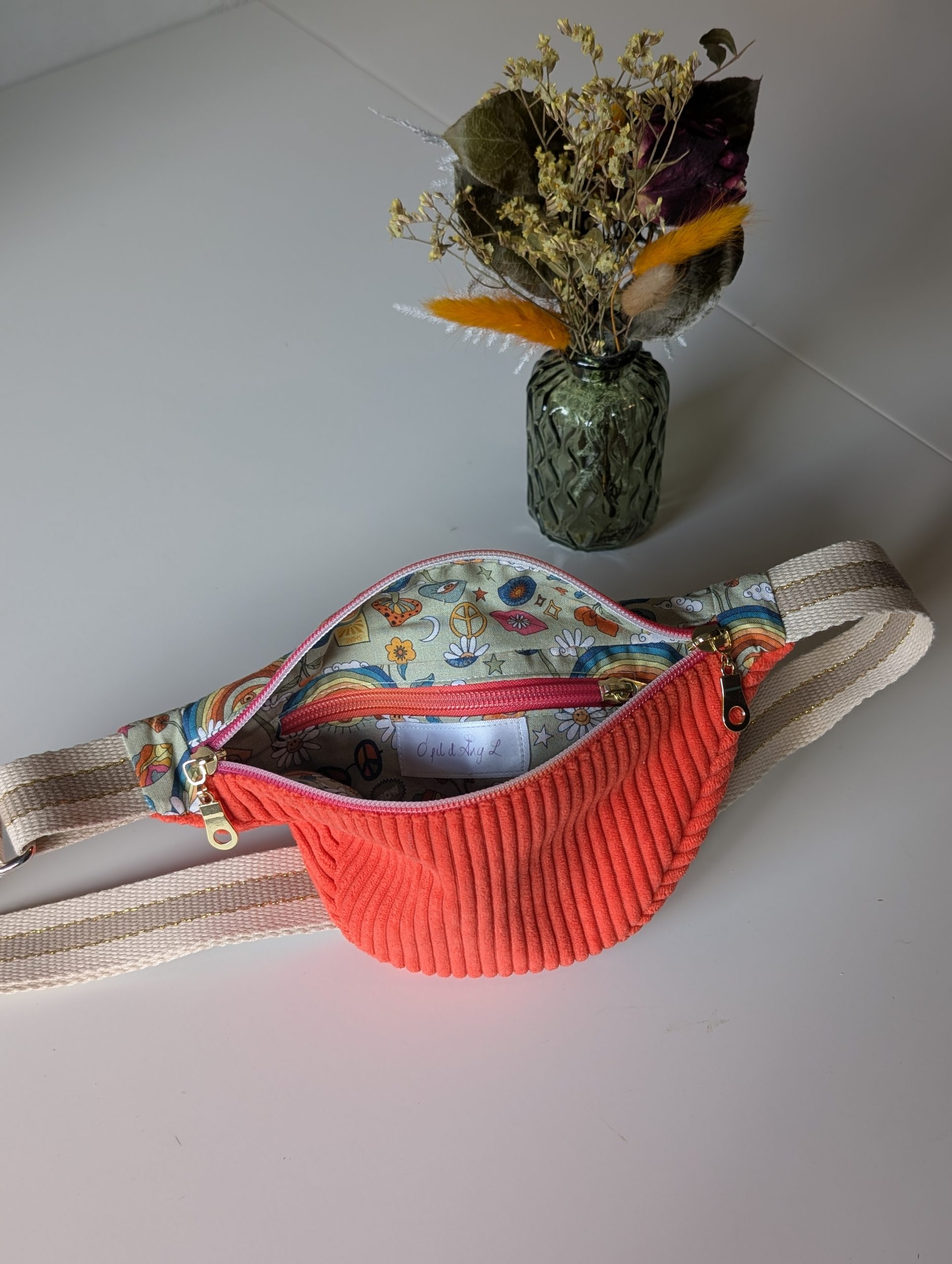 Petit Sac Banane Velours Côtelé Orange Corail & Coton Fantaisie - Taille Enfant – Image 2