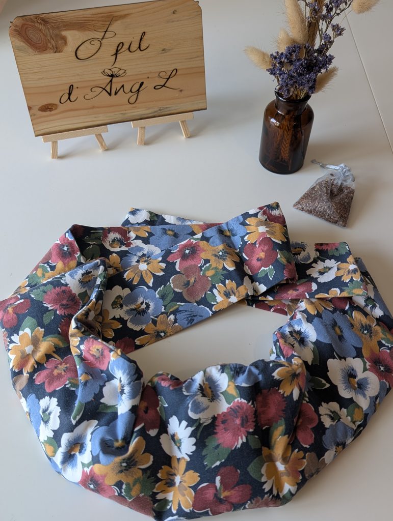 Ceinture Bouillotte Graines de Lin - Motif Peinture Florale & Bleu Nuit