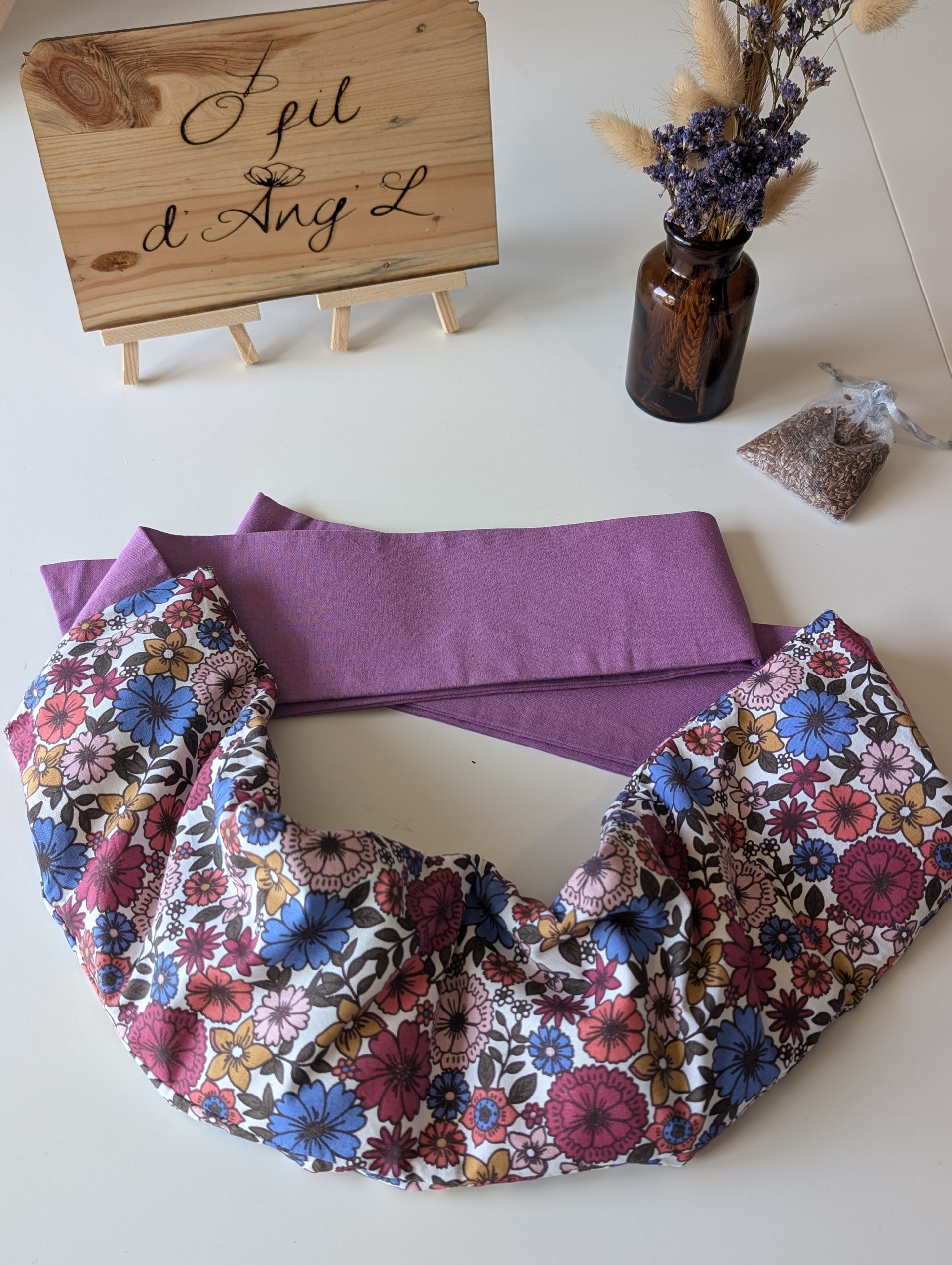 Ceinture Bouillotte Graines de Lin - Éclat de Fleurs & Violet Profond