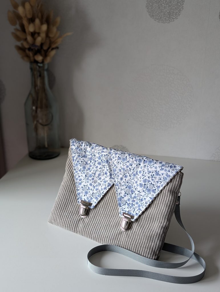 Sac-Pochette 2-en-1 - Velours Côtelé Gris Souris & Liberty Bleu