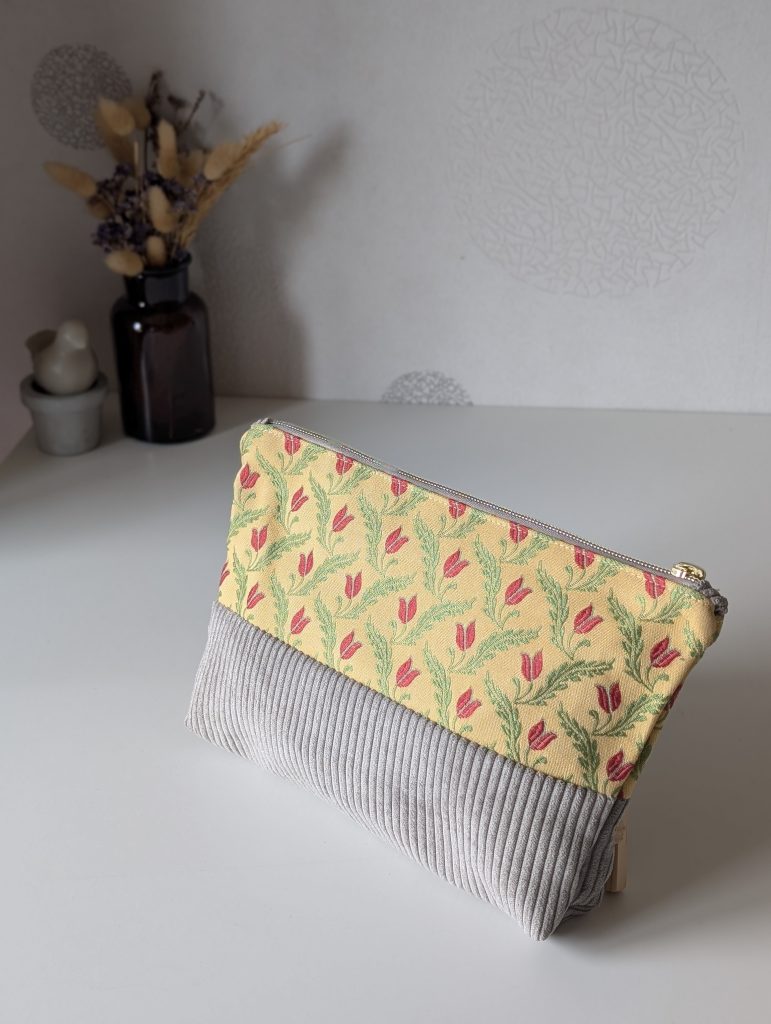 Pochette Zippée - Jacquard Tulipes & Velours gris