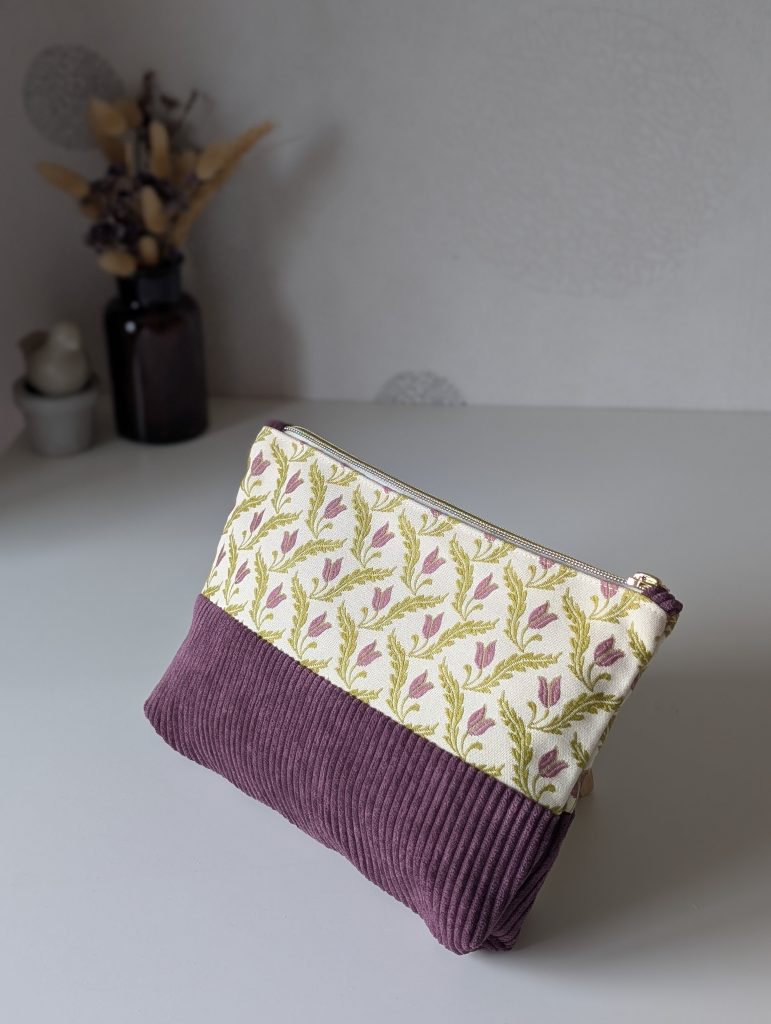 Pochette Zippée - Velours Aubergine & Tulipes Mauves