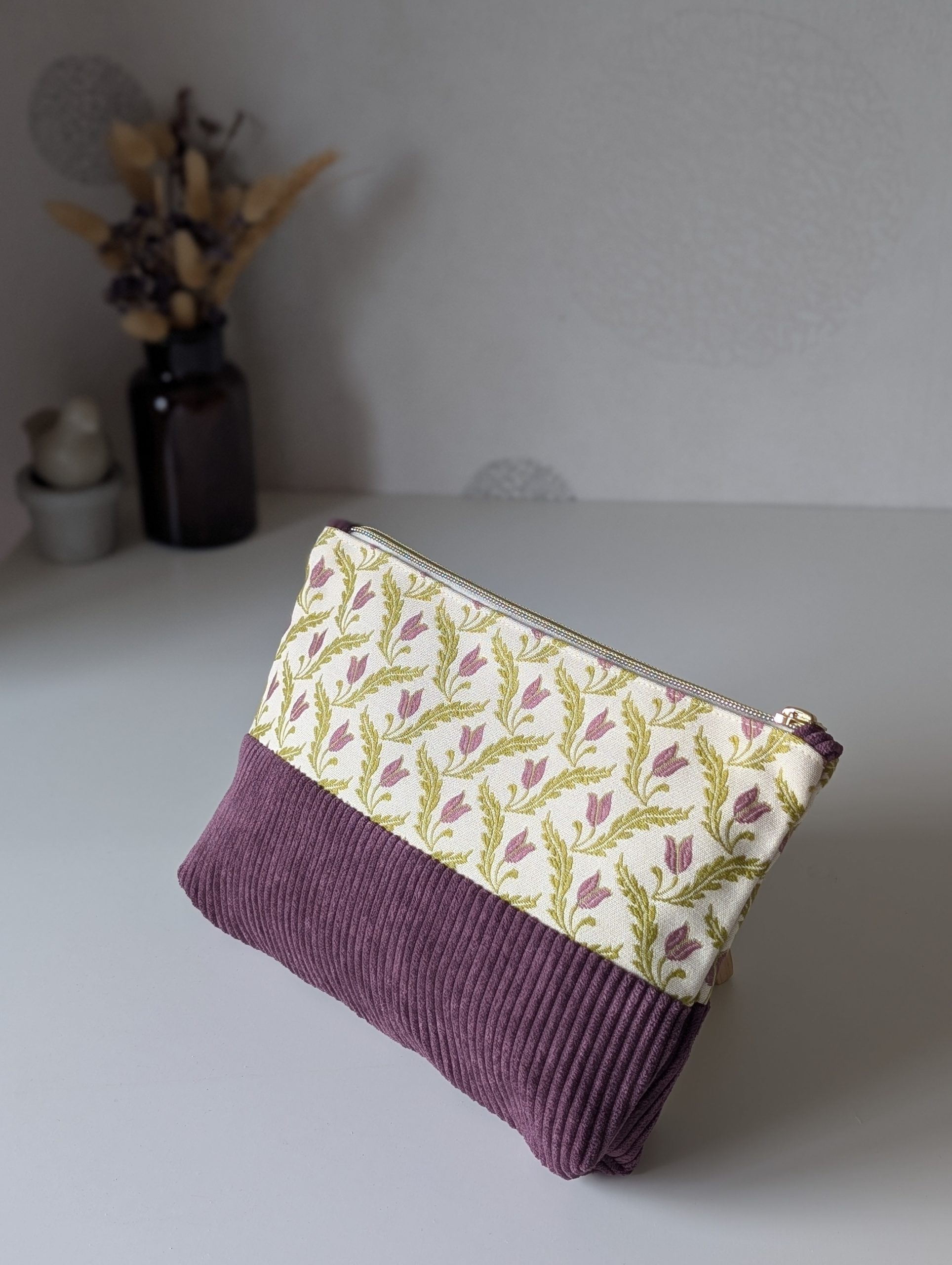 Pochette Zippée - Velours Aubergine & Tulipes Mauves