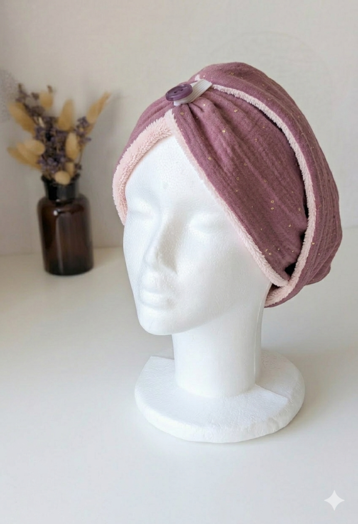 Serviette Turban Cheveux Violet & Pois Dorés – Gaze de Coton & Bambou