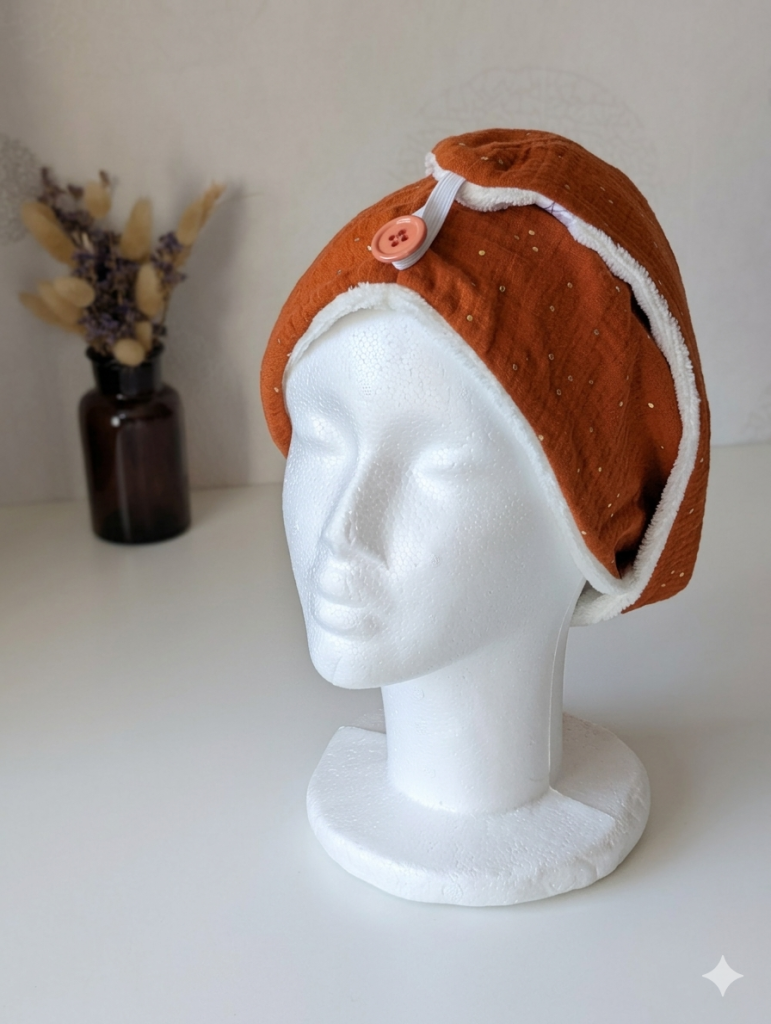 Serviette Turban Cheveux Rouille & Pois Dorés – Gaze de Coton & Bambou